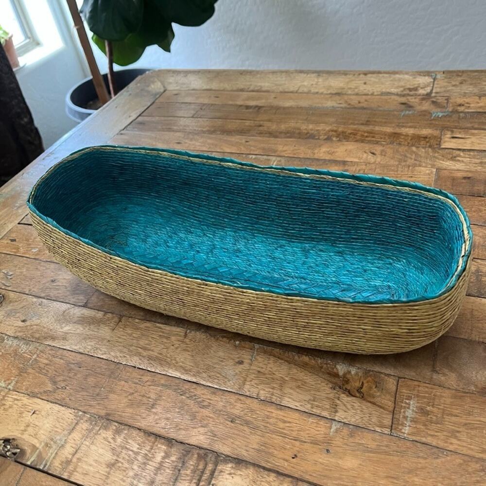 Mexican Hand Woven Emerald Green Oval Fruit Basket Frutero 15" Palm Fibers